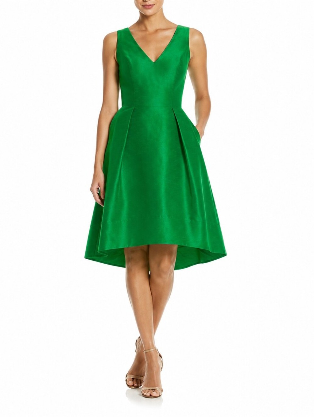 Pre-Loved Alfred Sung Ivy Green Dupioni V-Neck Cocktail Dress